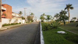A quiet street with residential buildings, palm trees, and a grassy area with a rock.