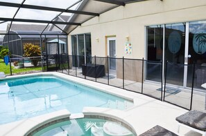 A heated pool, pool loungers