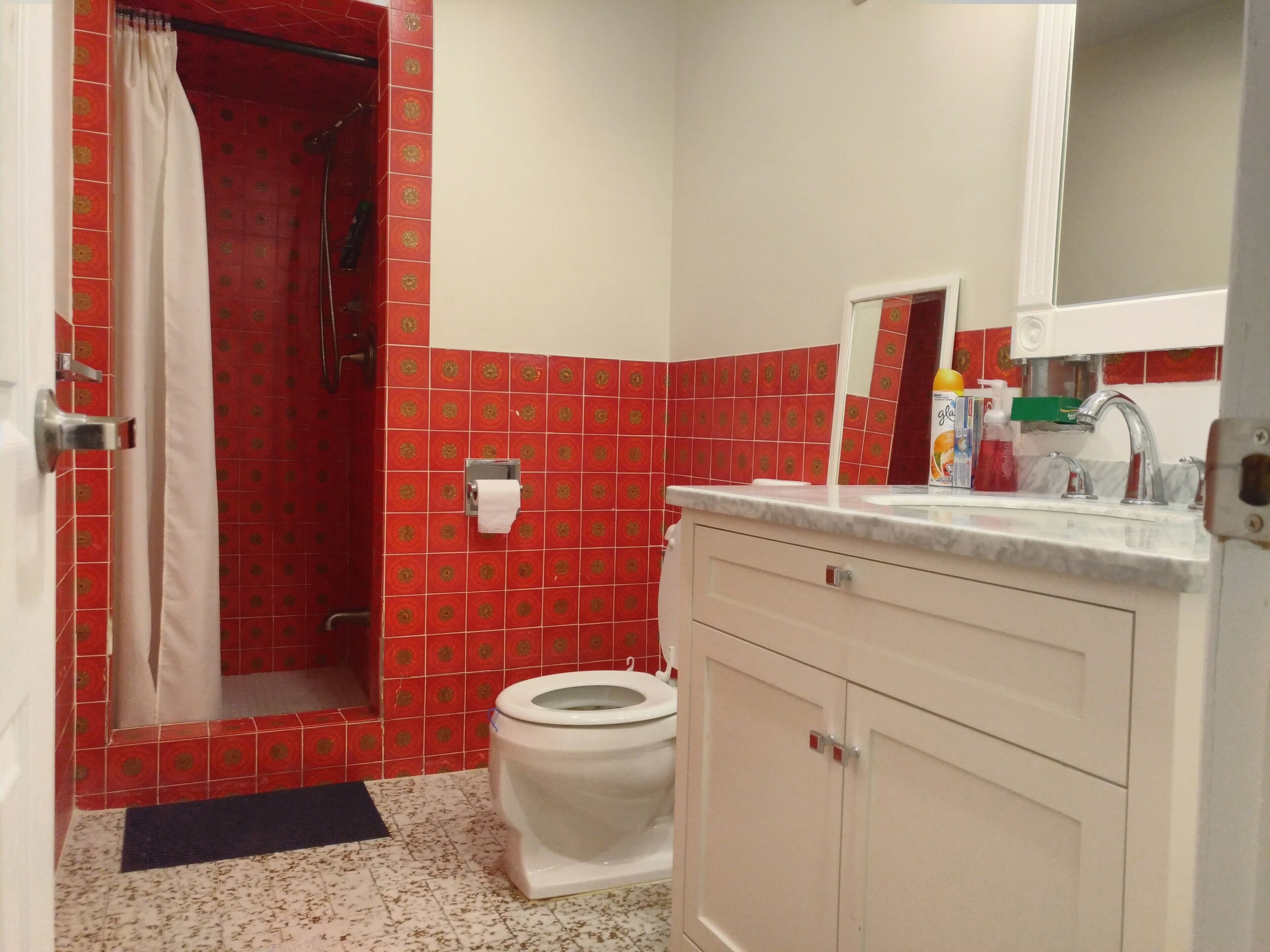 A bathroom with red patterned tiles, a white toilet, a sink with a mirror, and a shower area.