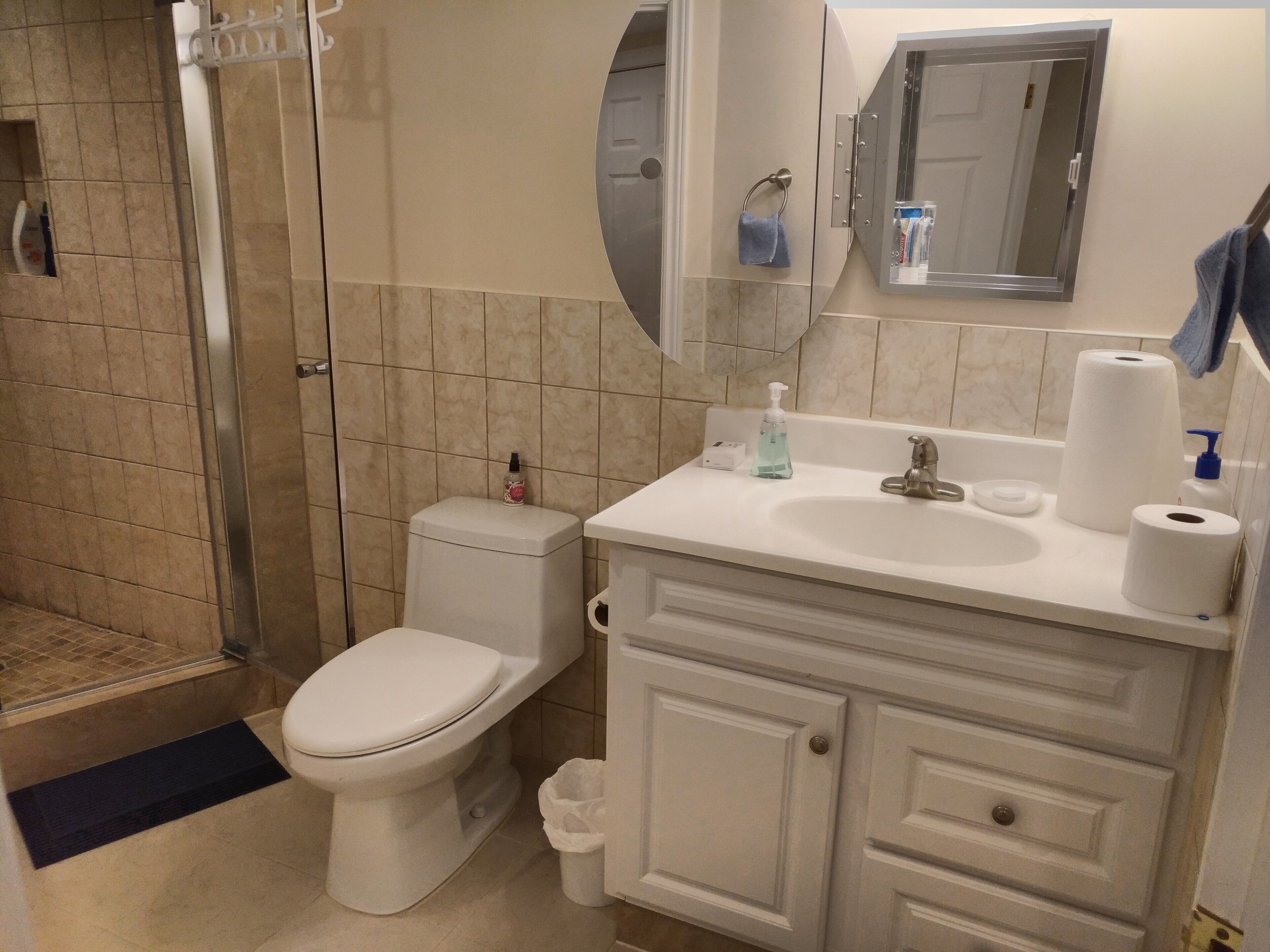 A bathroom with a toilet, sink, and shower.