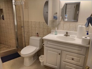 Dusche, Haartrockner, Handtücher, Seife