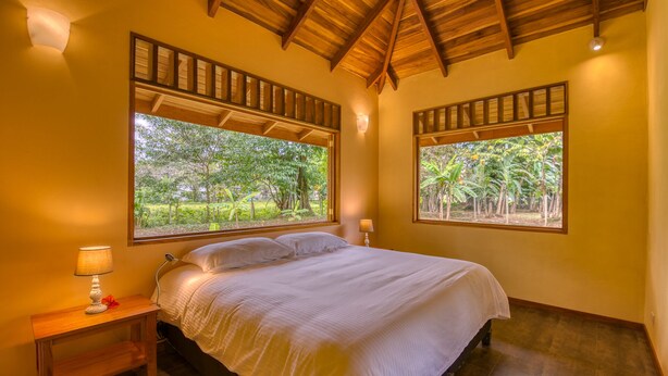 A bedroom with a wooden ceiling, two large windows with a view of greenery, a bed with white linens, and a bedside table with a lamp. - Corazon Que Vuela (Cahuita)