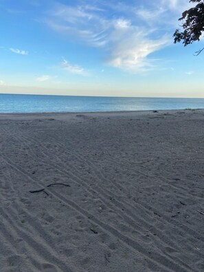 On the beach, sun-loungers, beach towels