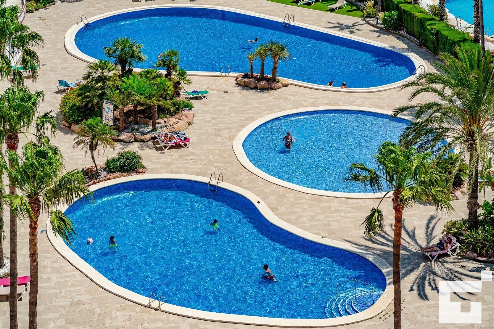 A large outdoor swimming pool area with multiple pools, palm trees, and lounge chairs.