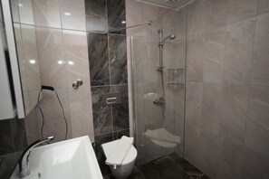 Villa | Bathroom | Shower, hair dryer, slippers, towels
