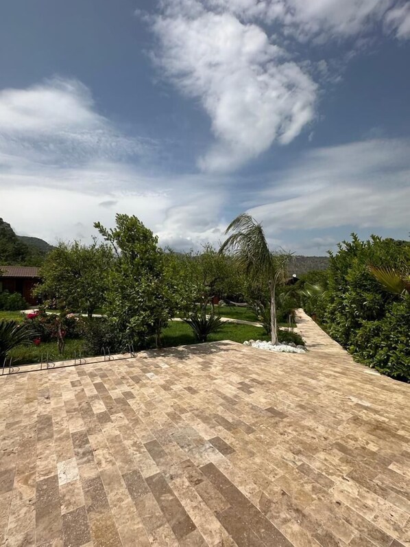 A paved pathway leading through a landscaped area with trees and a clear sky.