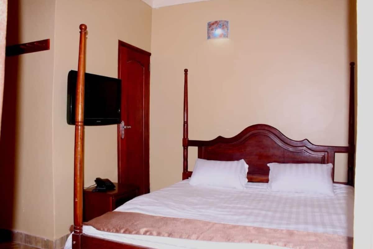 Un dormitorio con cama con dosel, un televisor montado en la pared y una puerta de madera.