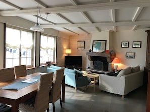 Televisie, een open haard, een dvd-speler en boeken