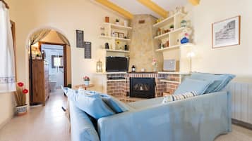 Una Smart TV, una chimenea, un reproductor de DVD