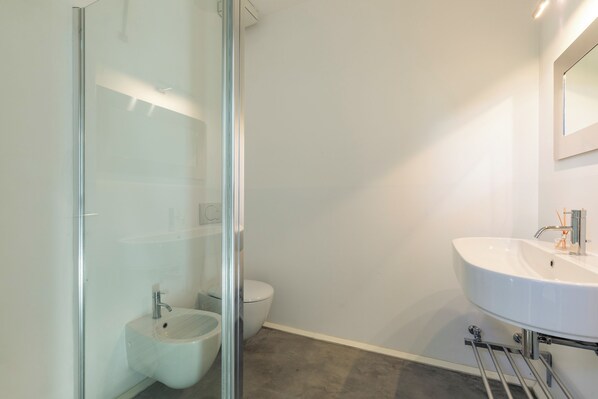 Une salle de bain moderne avec une douche à parois de verre, un lavabo blanc et des toilettes.
