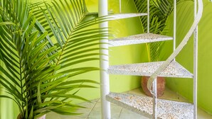 Una escalera en espiral con barandillas blancas en una habitaci ón con paredes verdes y plantas en macetas.