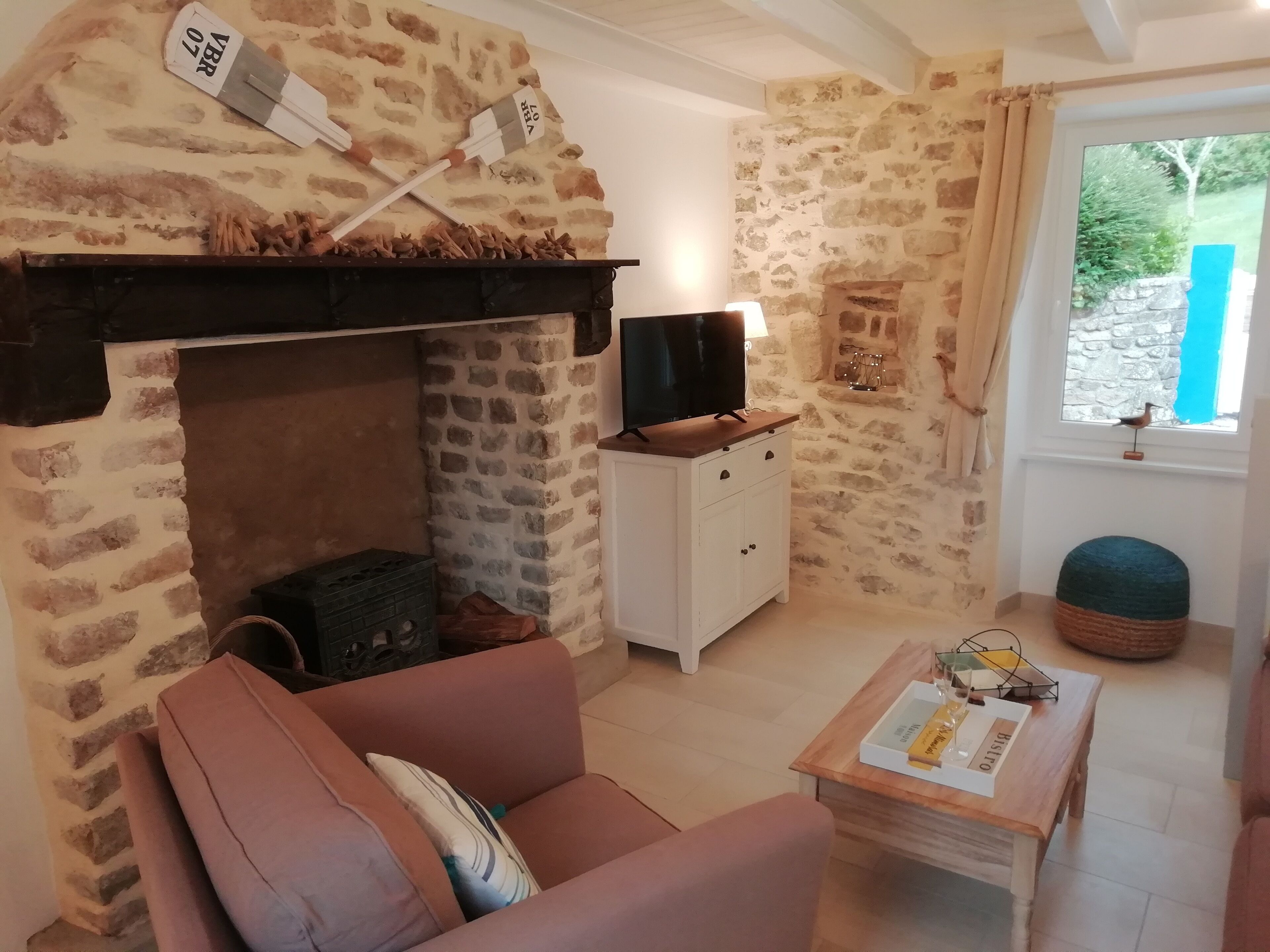 電視、壁爐、DVD 播放機、書籍