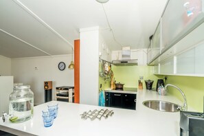 Fridge, stovetop, dishwasher, coffee/tea maker