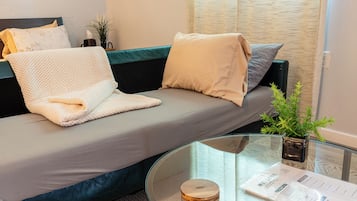 1 habitación, escritorio, tabla de planchar con plancha y cuna de viaje