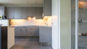 Modern kitchen with oven, sink, and under-cabinet lighting.