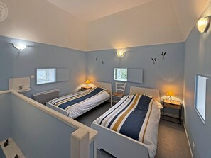 Une chambre avec deux lits, chacun doté d’une table de chevet et d’une lampe. Il y a des fenêtres encastrées dans le mur et un radiateur.