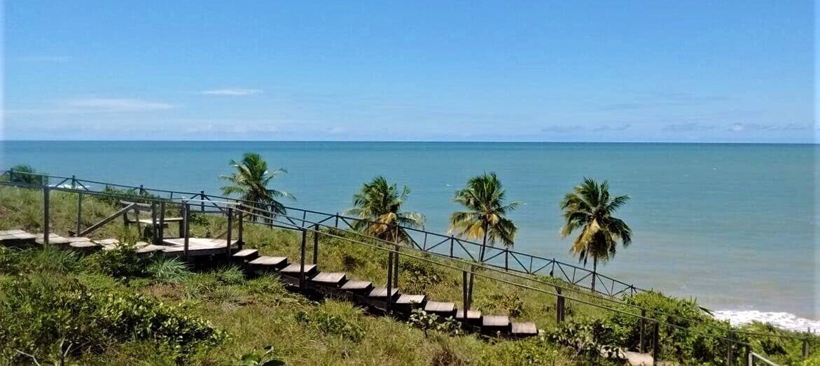 A staircase leading to a beach with palm trees and the ocean in the background.