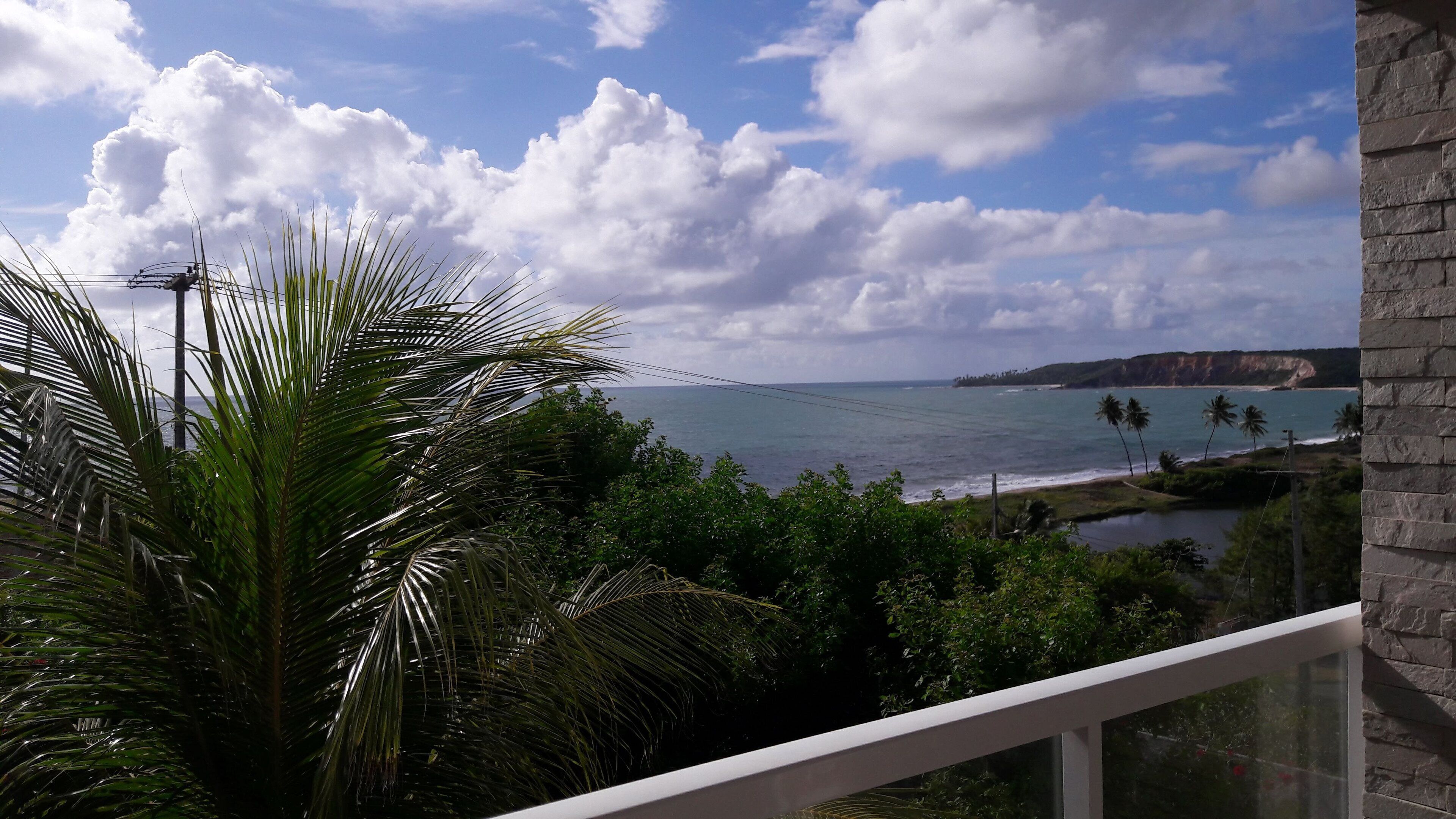 A balcony with a view of the ocean and palm trees.