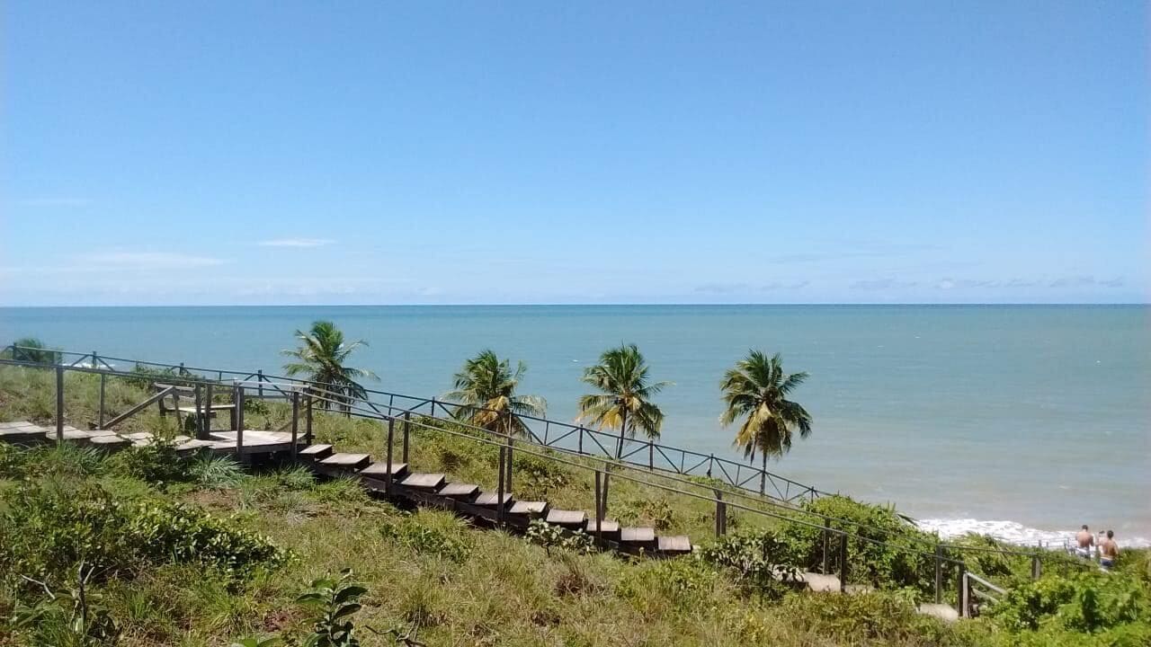 Vista costera con una escalera que baja a la playa, palmeras y el océano.