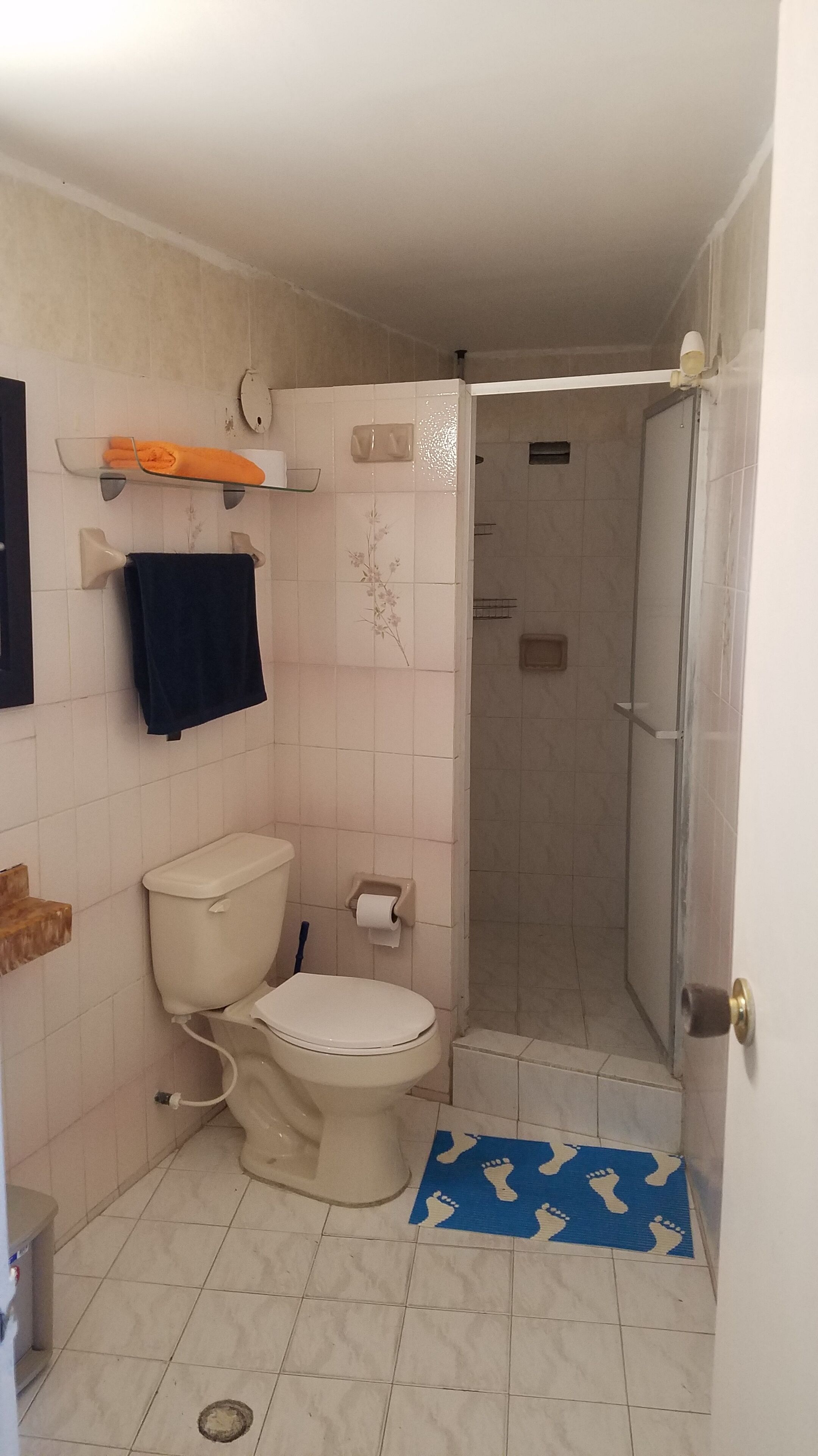 A bathroom with a toilet, a shower, and a blue mat with footprints.