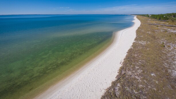 A coastal landscape with a clear blue sky, a sandy beach, and a calm sea. - Baydream: Stunning Bayfront Home, Pet-Friendly, Hot Tub, Sleeps 12 (Port St. Joe)