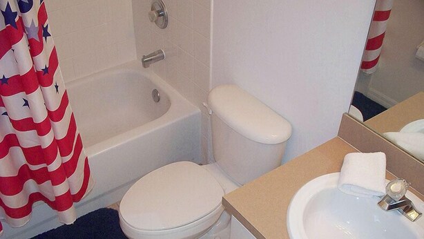 Une salle de bain avec une baignoire, des toilettes et un lavabo.