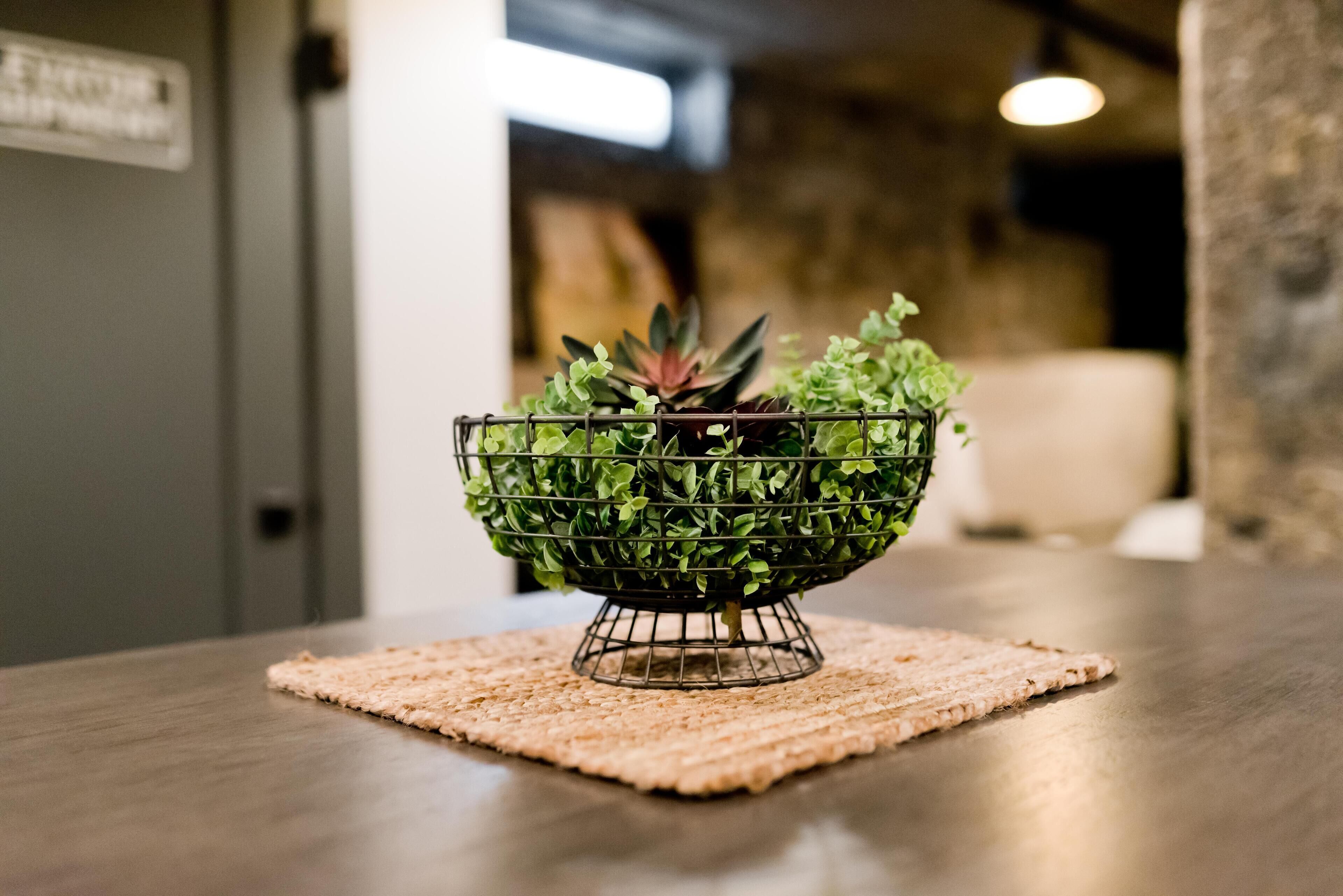 Un bol en métal contenant des plantes vertes, posé sur un set de table en fibres tressées, lui-même placé sur une table en bois.
