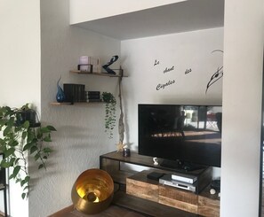 TV, fireplace, DVD player, books