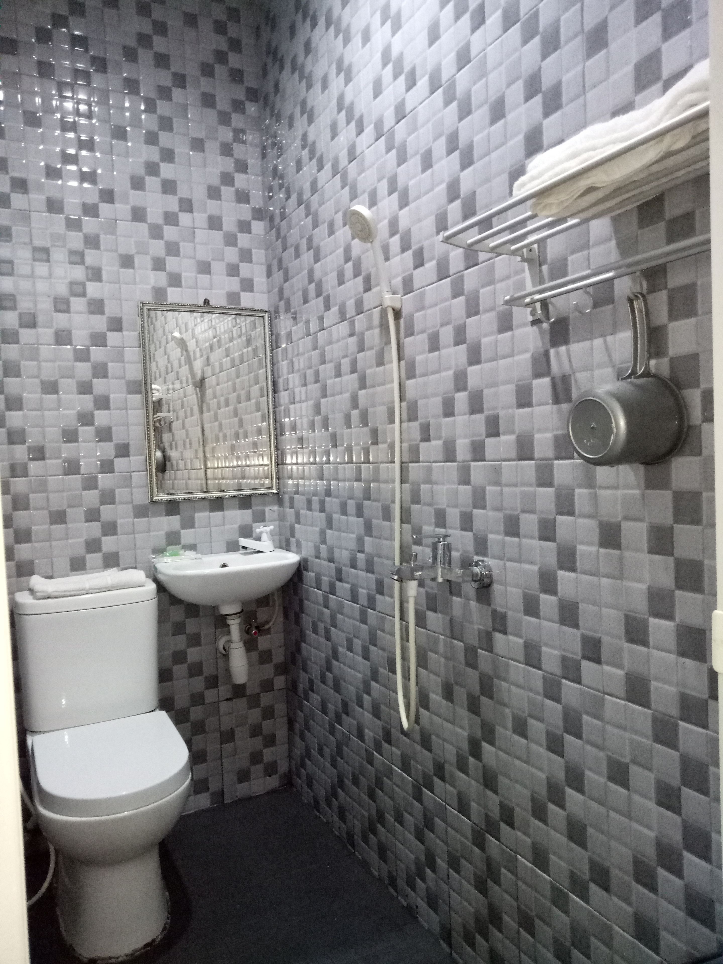 Ein kleines Badezimmer mit Toilette, Waschbecken und Dusche. Die Wände sind mit einem Schachbrettmuster geflieselt.
