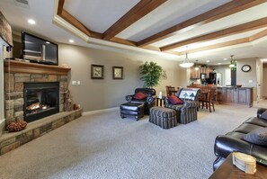 TV, fireplace, video games, DVD player