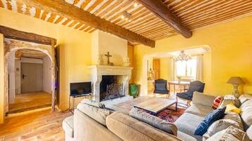 A living room with a fireplace, a television, and a sofa.