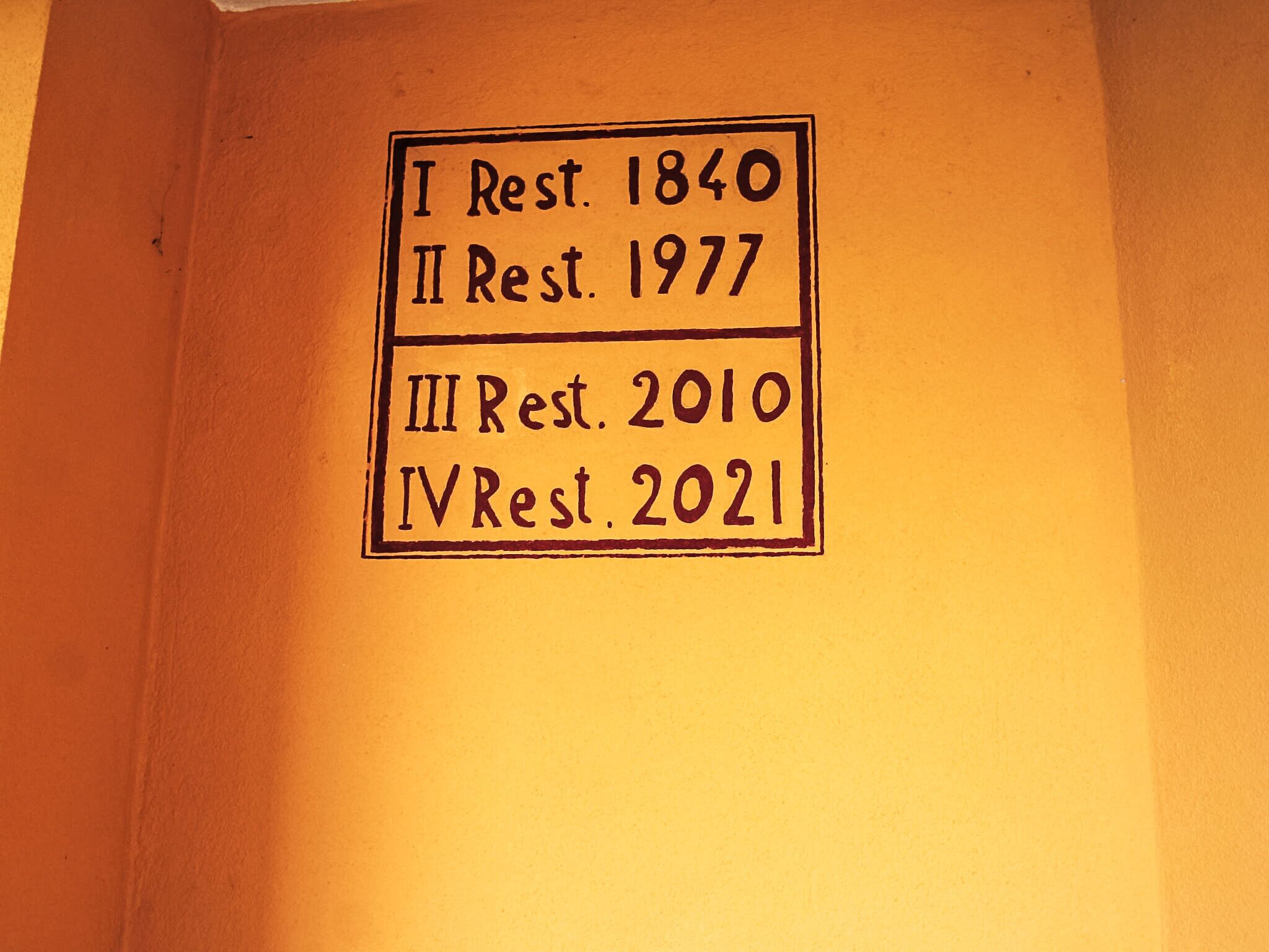 Una pared con una lista de años de reposición de habitaciones: 1840, 1977, 2010 y 2021.