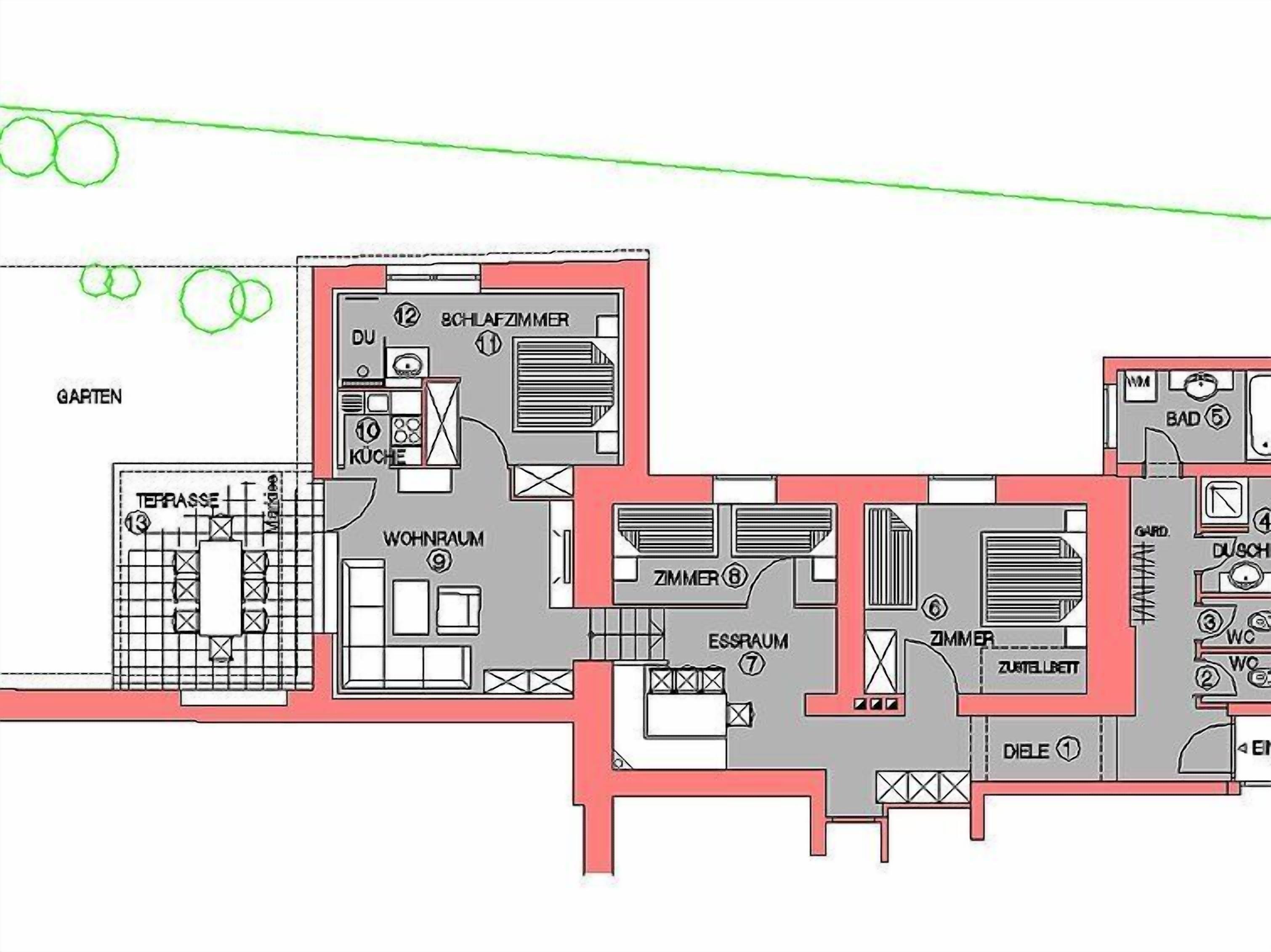 A floor plan of a house with labeled rooms including a kitchen, living room, dining room, and garden.