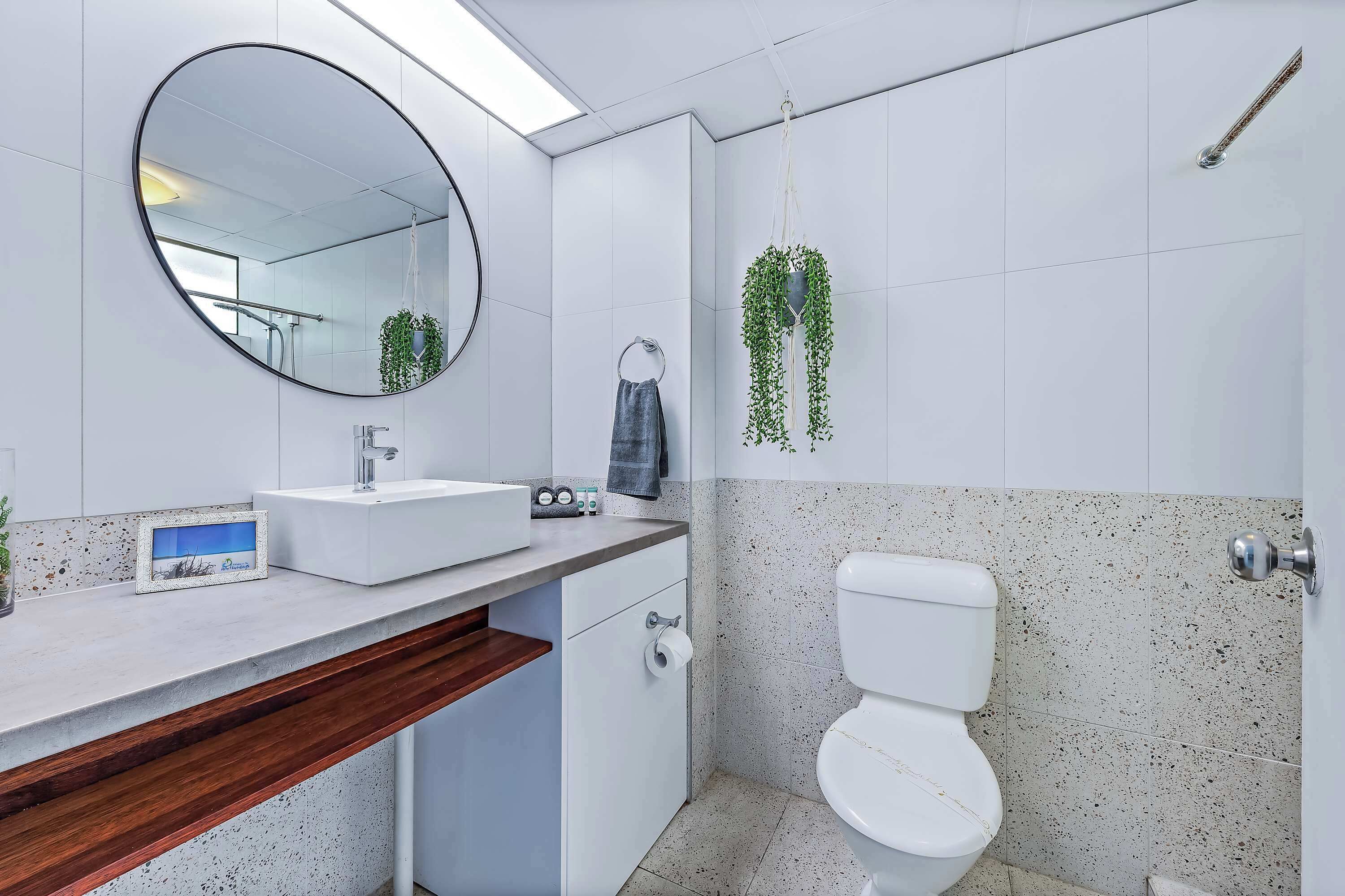 Shower, hair dryer, shampoo