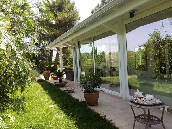 A covered patio area with potted plants, a small table with decorative shells, and a view of the surrounding greenery.