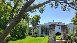 Un espace extérieur abrité, avec un pilier en pierre, une pelouse et un bâtiment en arrière-plan.