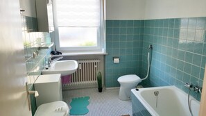 Tina, secadora de cabello, toallas, papel de baño 