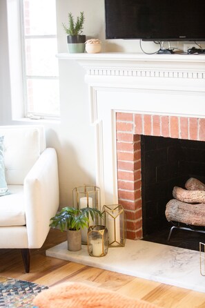 Smart TV, fireplace, books