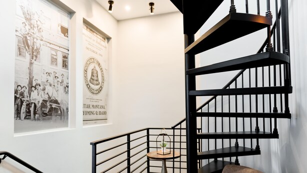 A staircase with a black railing and a small table with a plant.