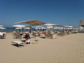 Une plage bordée de rangées de parasols et de chaises longues.