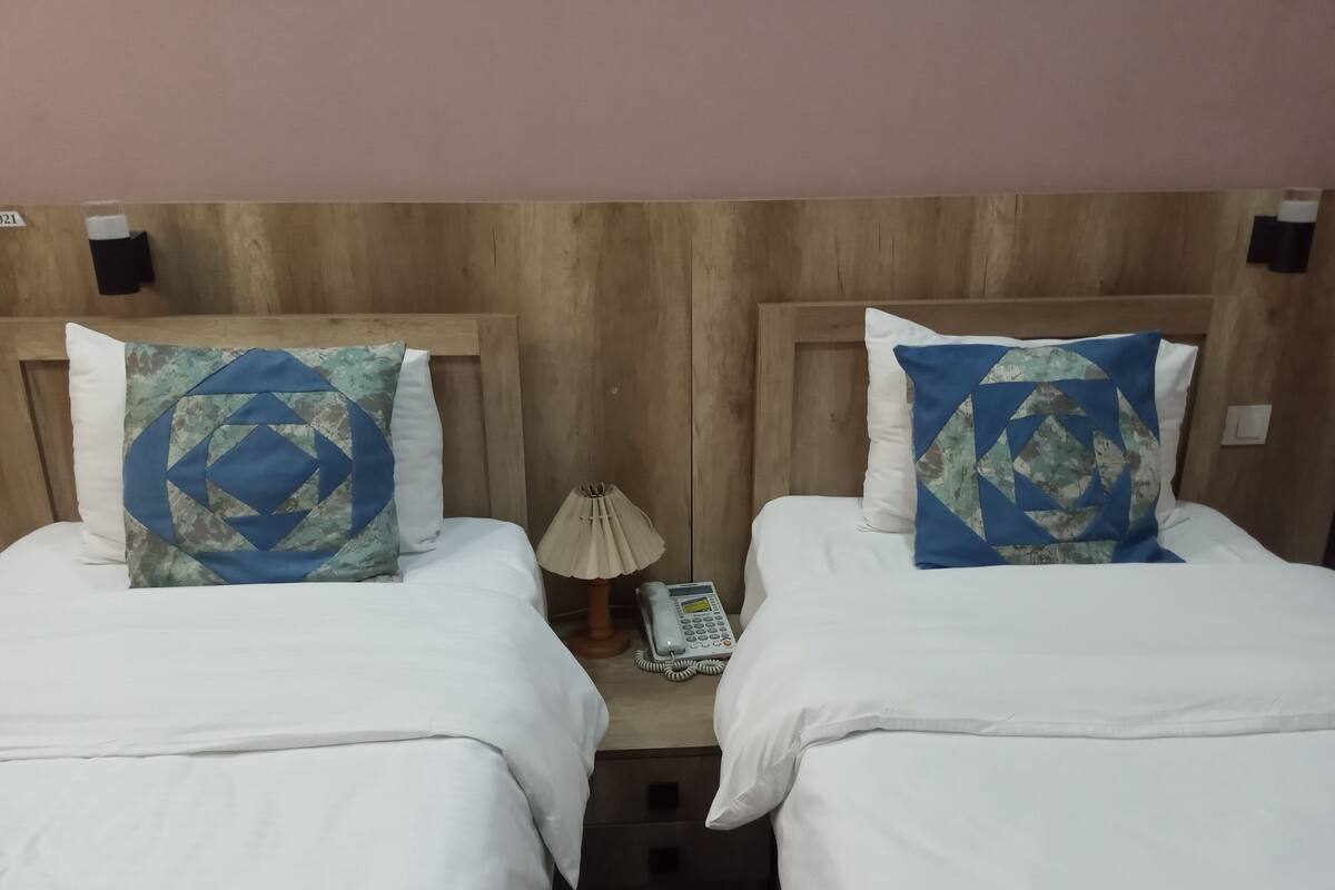 Two beds with white bedding and blue patterned pillows, a lamp, and a phone on the nightstand.