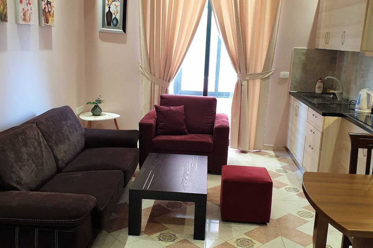 Un salon comprenant un canapé, une table basse, un fauteuil rouge et une petite table sur laquelle est posée une plante. Il y a également un coin cuisine avec une cuisinière et des placards.
