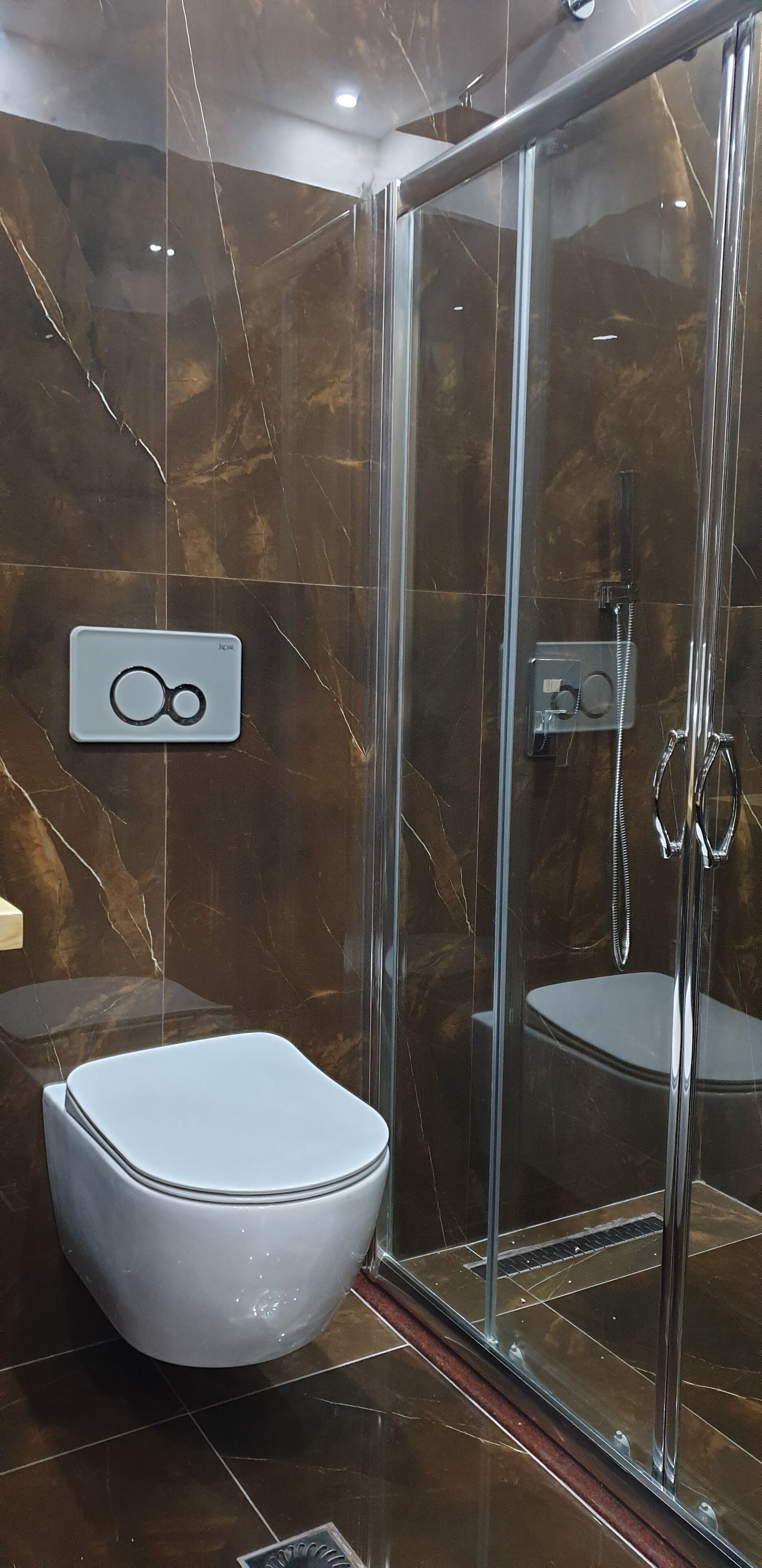 A modern bathroom with a glass-enclosed shower, a standalone toilet, and a wall-mounted control panel.