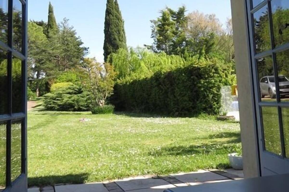 Blick durch eine Tür in einen gepflegten Garten mit Rasen, Hecke und einem hohen Baum.