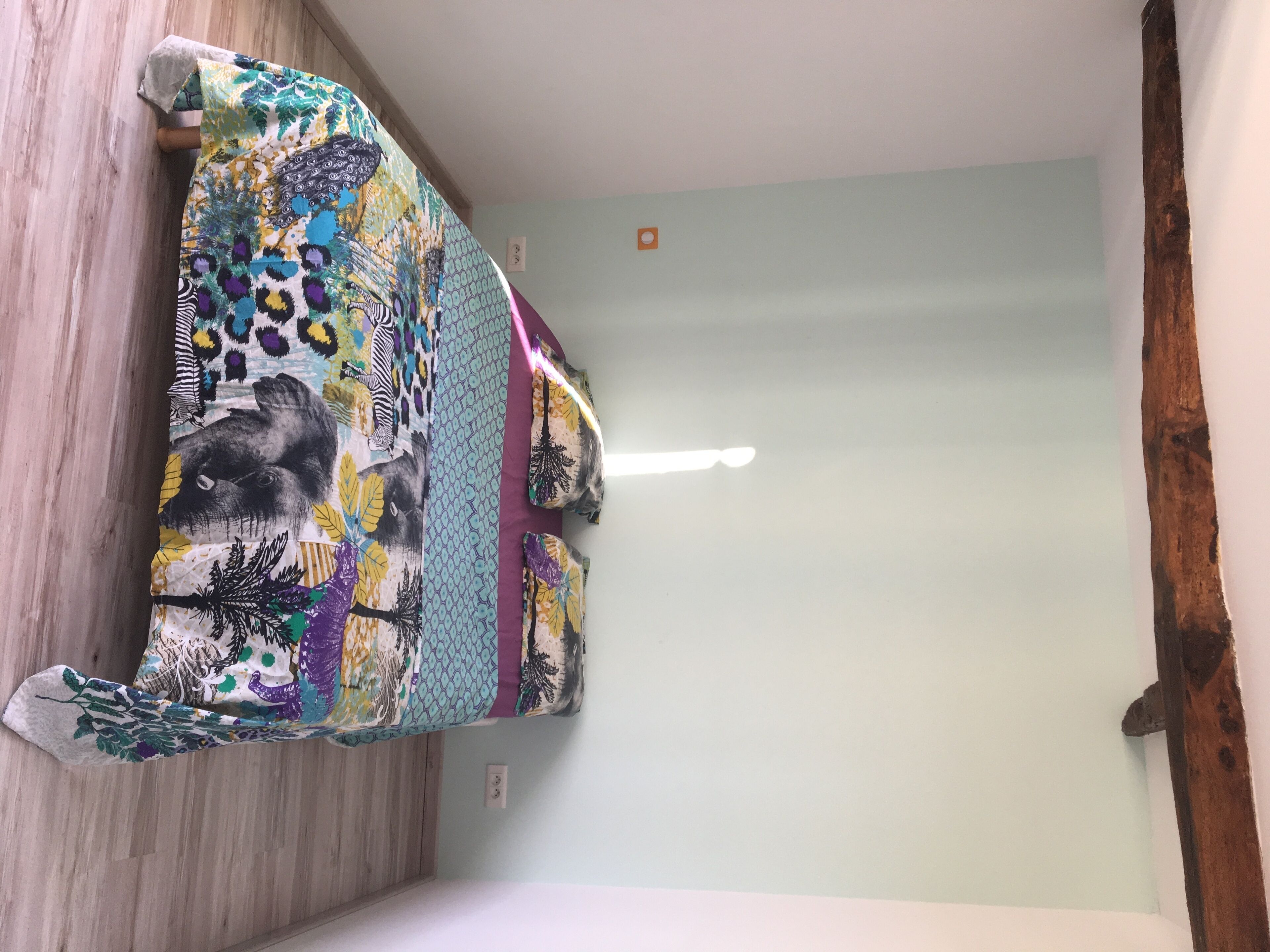 Une pièce avec un plancher en bois, un rideau à motifs et un mur uni.