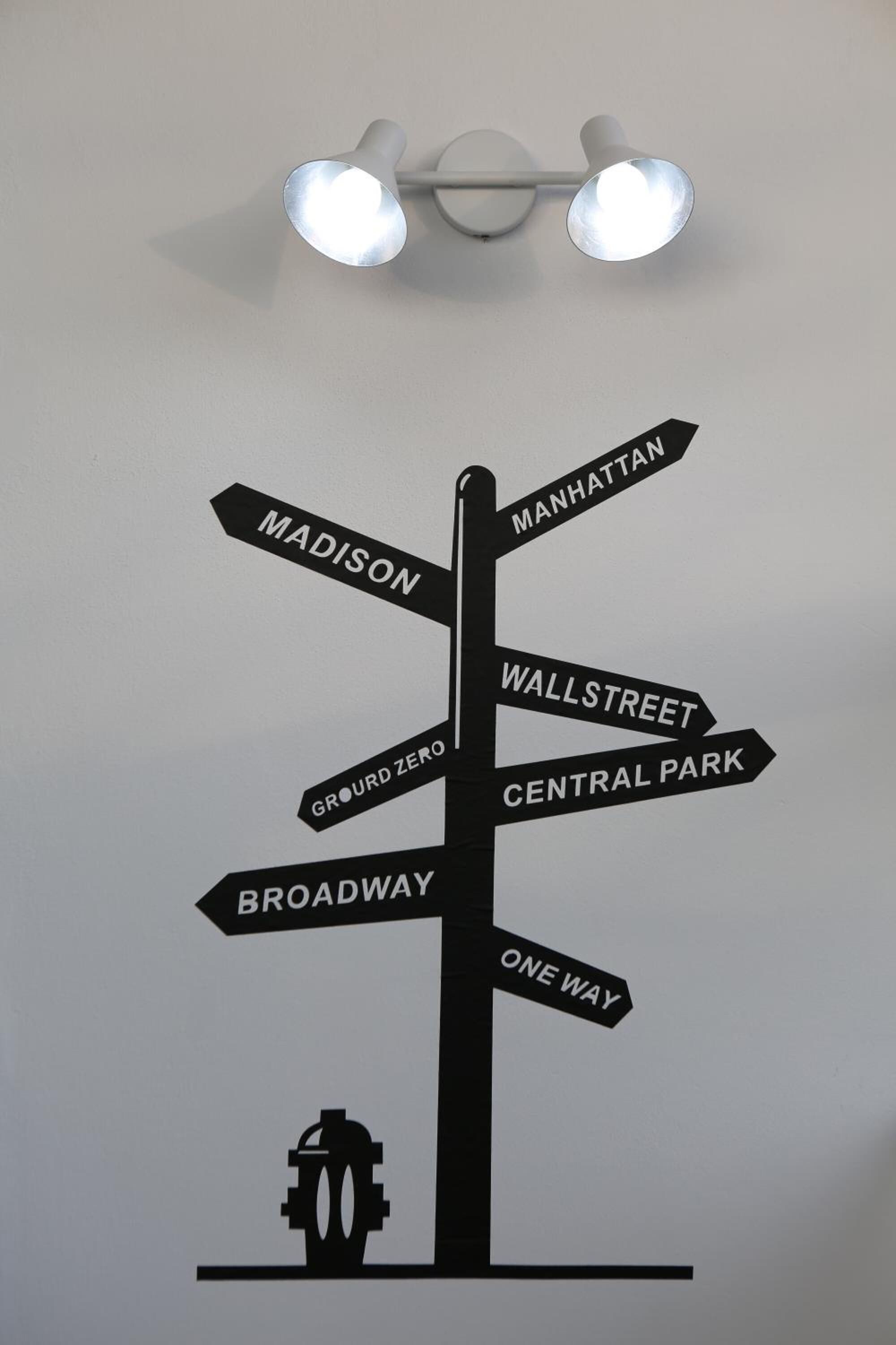 Segnale direzionale con frecce che indicano Manhattan, Madison Avenue, Broadway, Wall Street, Central Park, Ground Zero e senso unico.