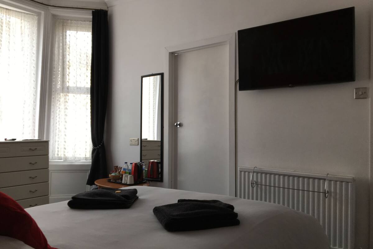 Habitación de hotel con cama, cómoda, espejo, radiador y televisión en la pared.