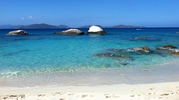 A beach with clear turquoise water, white sand, and large rocks. - Rockmere Villa - PANORAMIC OCEAN VIEWS, BEACH .2 MILES, MULTI-UNIT ESTATE (The Baths)