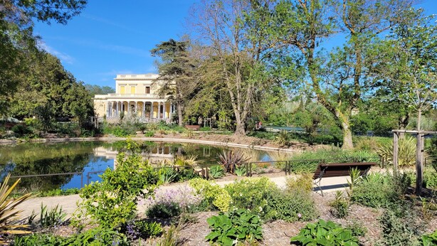 Un bâtiment de style classique, doté de colonnes, d’un bassin et d’une végétation luxuriante.