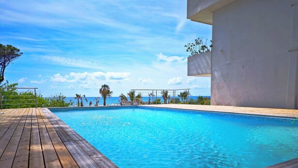 Terraza de madera alrededor de una piscina azul cristalina, con vista al océano y palmeras.